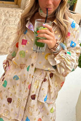 Fashionable Gold Stamping Unique Printing Lapel Long Sleeve Shirt and Elastic Waist Casual Pocket Shorts Set