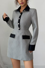 Fashion Button Long Sleeve Waist Elegant Mini Dress