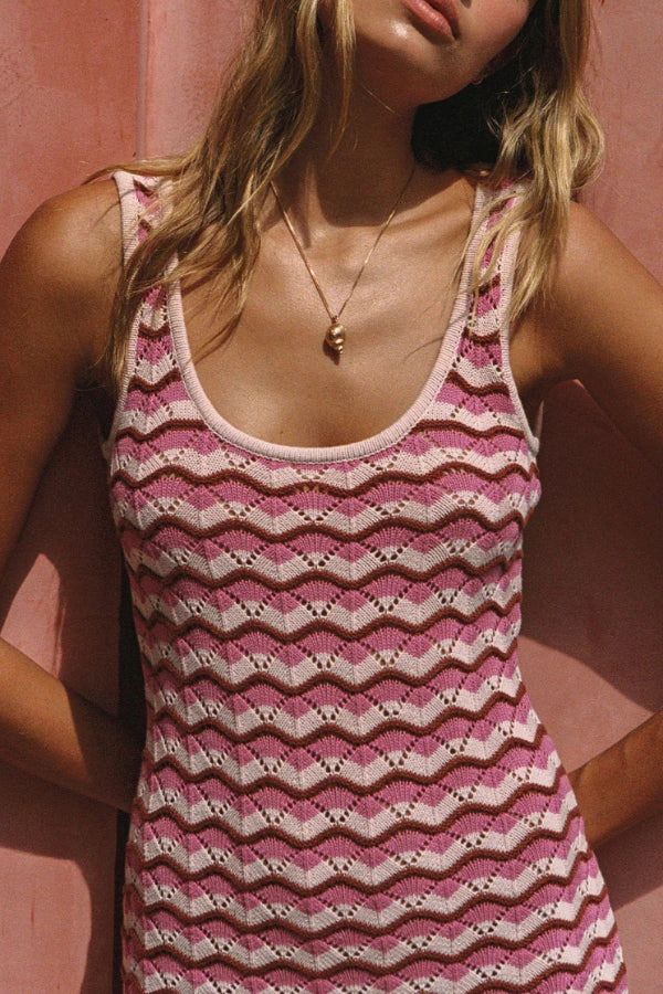 Striped Jacquard Sleeveless Openwork Knit Cover-up Mini Dress