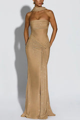 Paula Sequined Mesh and Jersey Off Shoulder Ruched Knot Drape Shawl Maxi Dress