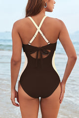 Stylish Halter Neck Hollow-out Spliced elastic One-piece Swimsuit