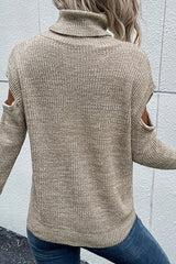 Turtleneck Long Sleeve Solid Color Hollow Off Shoulder Sweater