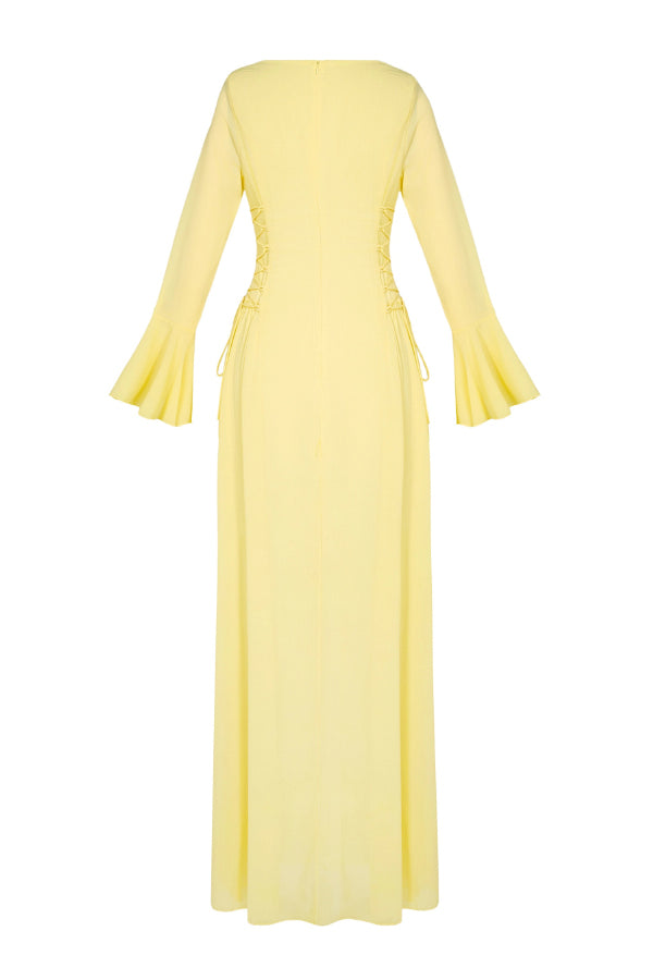 Fashionable Beaded Long-sleeved Square-neck Fitted Waist Tie Maxi Dress