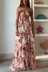Ariae Butterfly Print Multi-layered Ruffles Backless Tie-up Maxi Dress