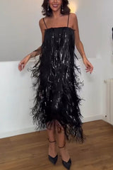 Chic Celebration Layered Sequined Tassels Slip Strapless H-line Midi Dress