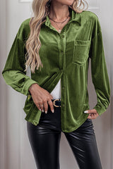 Solid Color Velvet Casual Lapel Pocket Loose Shirt