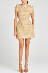 Gold Standard Tweed Fabric Pearl Button Short Sleeve Pocketed Mini Dress
