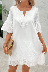 Solid Color Hollow Embroidery Casual Lace V-Neck Mini Dress