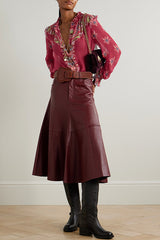 Unique Printed Chiffon Long-sleeved Loose Shirt and Elegant Ruffled Maxi Skirt Set