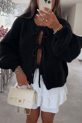 Solid Color Long-sleeved V-neck Lace-up Loose Knitted Sweater