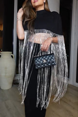 New Level Shiny Tassel Stand Neck Crop Cape Blouse