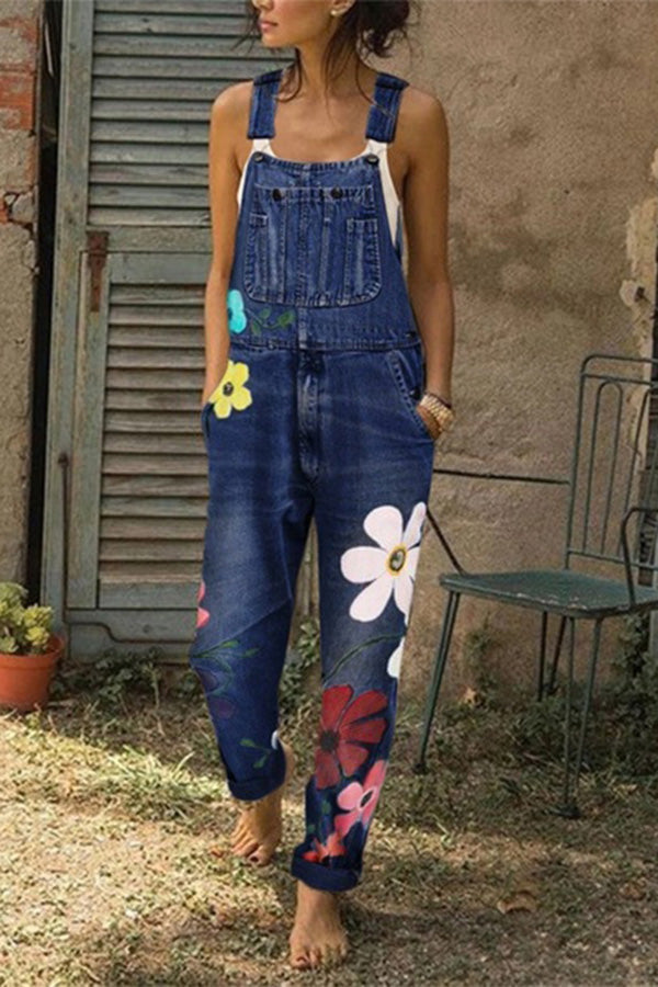Let's Bloom Floral Print Pocket Denim Jumpsuit