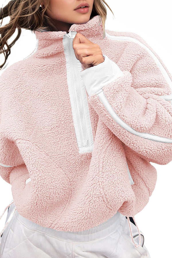 Stylish Color-blocked Trim Loose Casual Pocket Sweatshirt