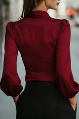 Satin V-neck Long-sleeved Casual Tie-wst Shirt