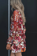 Flowers Blooming Embroidery Floral Applique Tiered Bell Sleeve Loose Mini Dress