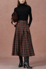 Yehudit Plaid Belt Buckle Design High Rise Pocket Midi Umbrella Skirt