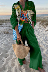 Leopard Floral Print Oversized Shirt and Elastic Waist Pocket Pants Set