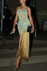 Unique Print Sleeveless Fitted Fringed Hem Maxi Dress