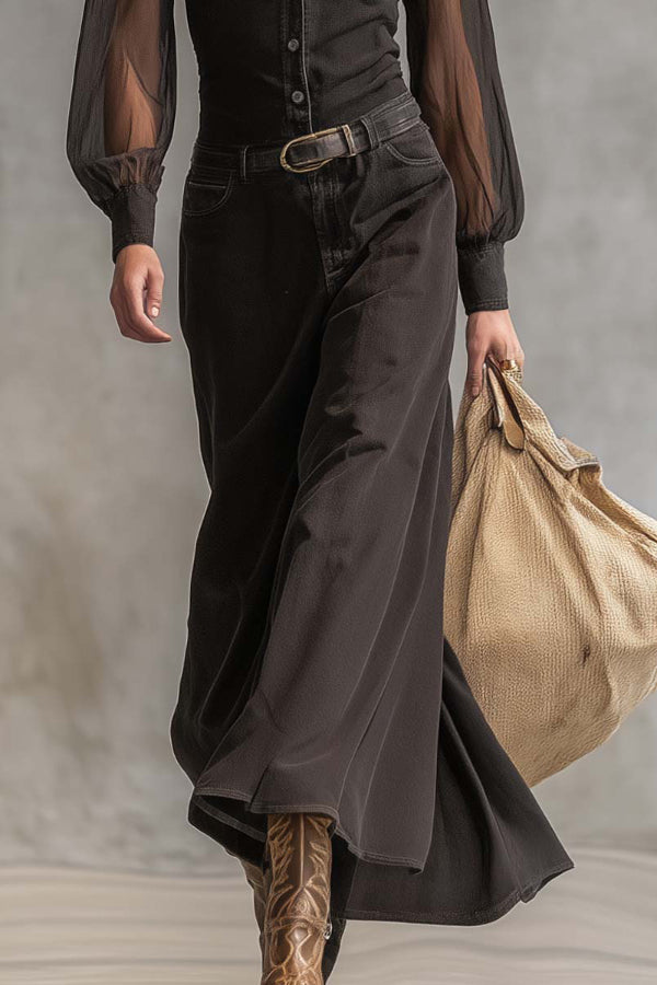 Fashionable Sheer Long-sleeved Casual Button-down Maxi Dress