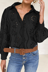 Fashion Hollow Puff Sleeve Casual Lapel Loose Shirt