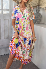 Bohemian Resort Style Print Casual Short Sleeve Button Midi Dress