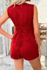 Solid Color Holiday Style V-neck Button Irregular Vest and Elastic Waist Casual Pocket Shorts Set