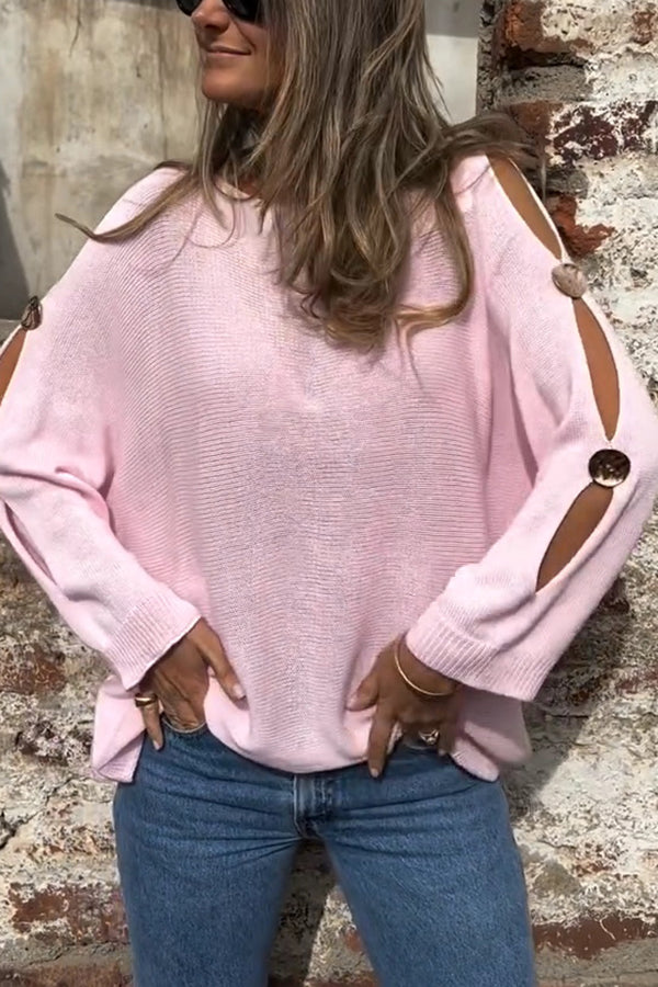 Solid Color Round Neck Hollow Long Sleeve Loose Knitted Sweater