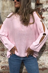 Solid Color Round Neck Hollow Long Sleeve Loose Knitted Sweater