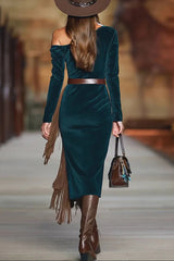 Stylish Slant Collar Long Sleeve Slim Fit Tassel Midi Dress