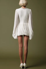 Solid Color Round Neck Lantern Long Sleeve Pleated Casual Mini Dress