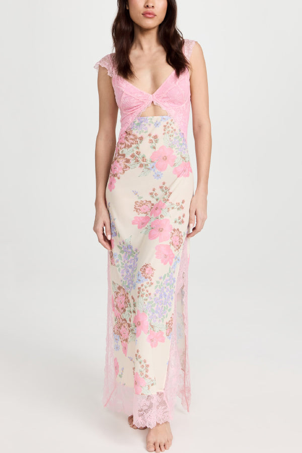 Floral Print Lace Patchwork Hollow-out Slim-fit Midi Dress