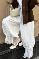 Solid Color Lace Splicing Casual Elastic Waist Loose Pants