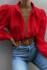 Fashion Hollow Puff Sleeve Casual Lapel Loose Shirt