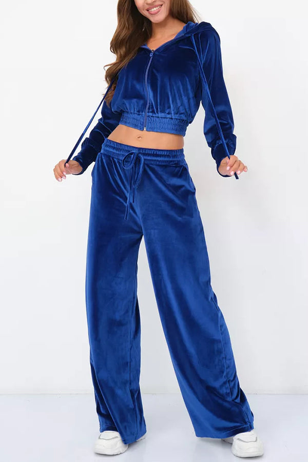 Solid Color Velvet Hooded Zip-up Sweatshirt and Elastic Waist Casual Pocket Straight-leg Pants Set