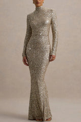Galaxy Premium Sequin Turtle Neck Long Sleeve Maxi Dress