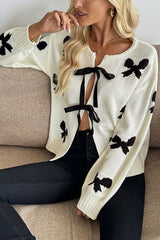 Fashionable Contrasting Bow Casual Lace-up Knitted Cardigan