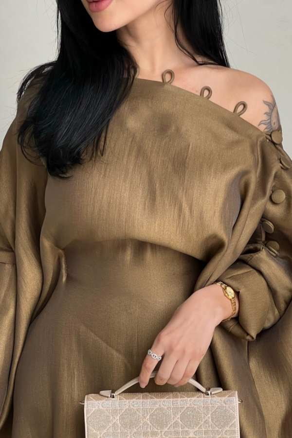 Solid Color Button-down Collar Elegant Kaftan Robe Maxi Dress