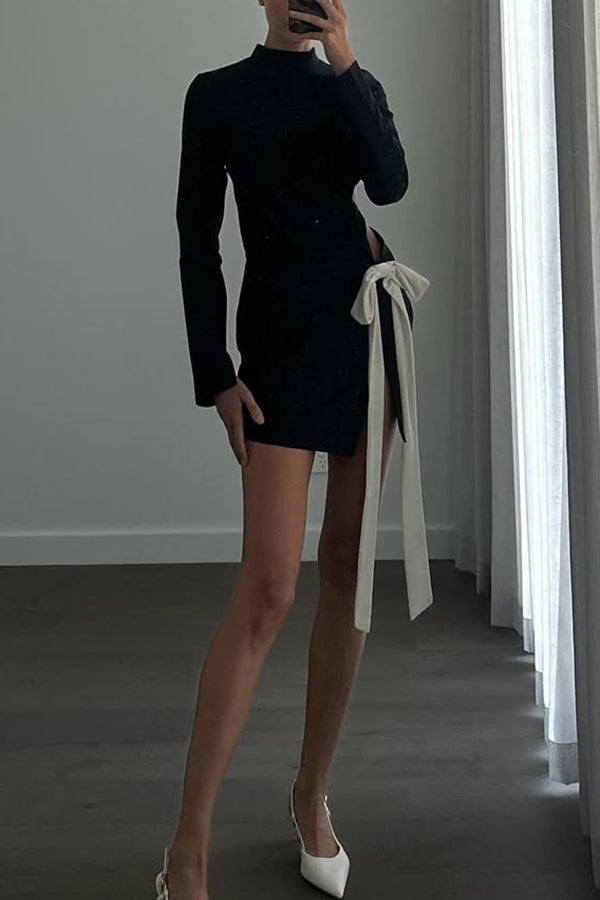 Fashionable Long-sleeved Hollowed-out Bow Slim-fit Mini Dress