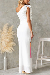 Floral Print One-shoulder Fitted Mesh Maxi Dress