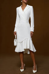 Fashion Lapel Long-sleeved Elegant Hip-wrapped Fishtail Midi Dress