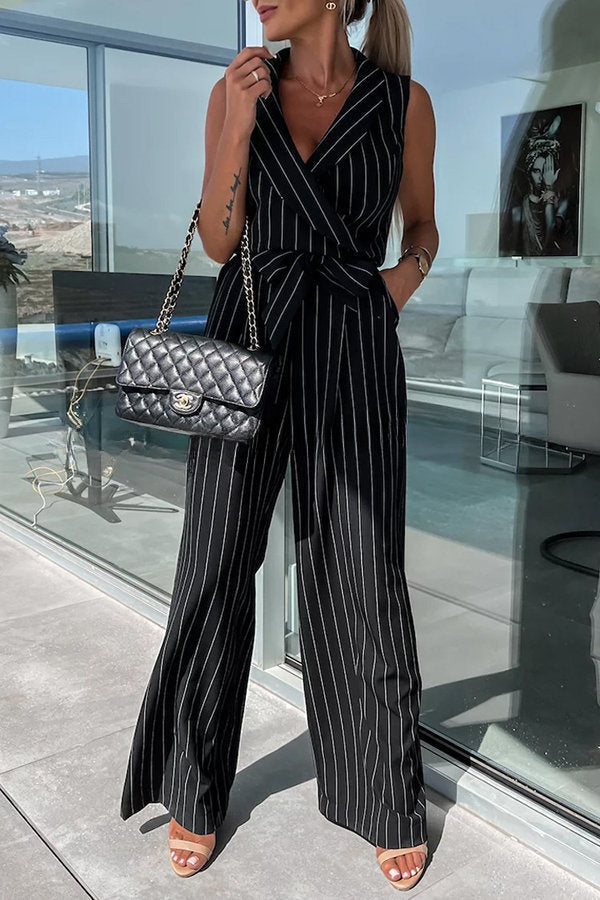 Gracie Wrap Lapel V-neck Tie Waist Pocketed Jumpsuit