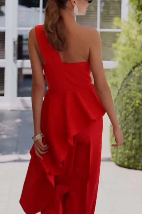 Amena One Shoulder Sweetheart Neck Ruffle Hem Top and Elastic Waist Pocket Wide Leg Pants Set
