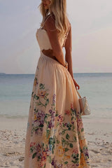 Cabo Sunsets Floral Print Petal Trim Back Lace-up Midi Dress