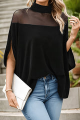 Fashionable Mesh-paneled Batwing Sleeve High-neck Loose Top
