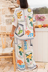 Summer Plant Fruit Print Casual Short Sleeve Shirt and Elastic Waist Loose Wide Leg Pants Set