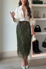 Party Crasher Layered Sequined Tassels High Rise Back Zipper Midi Skirt