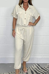 Solid Color Lapel Short Sleeve Casual Pocket Loose Jumpsuit