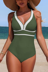 Stylish Color-blocked V-neck Stretch One-piece Swimsuit