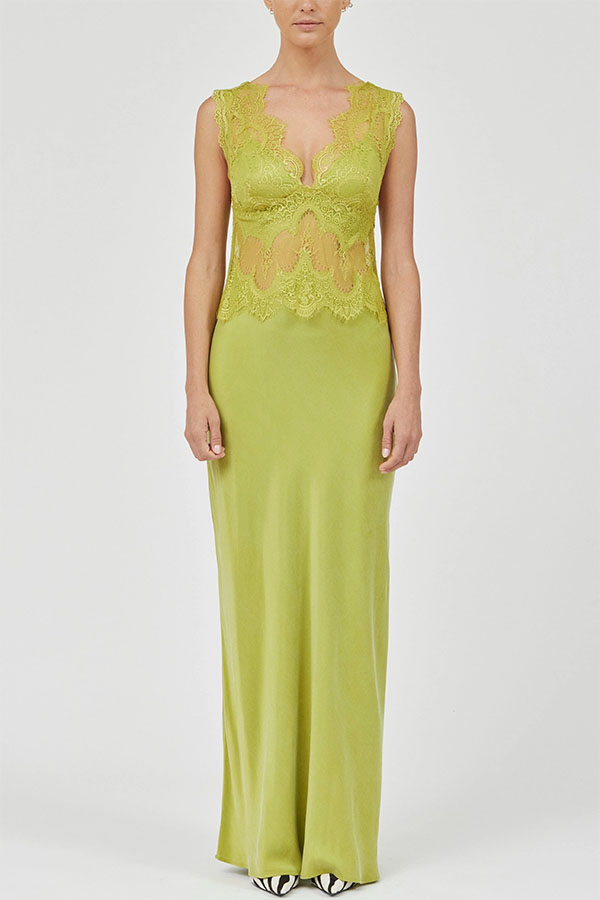 Effortless Elegance Satin Sheer Lace Patchwork V-neck Drape Maxi Dress