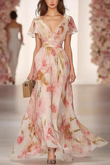 Floral Print V-neck Short-sleeved Waist Casual Maxi Dress